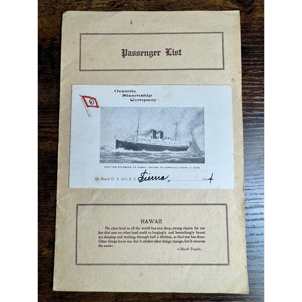 1914 SS Sierra Oceanic Steamship‎ Co Passenger List & Dinner Menu Honolulu SF